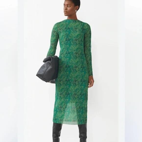 & Other Stories Long Sleeve Pleated Mesh Green Midi Dress S - Picture 1 of 13
